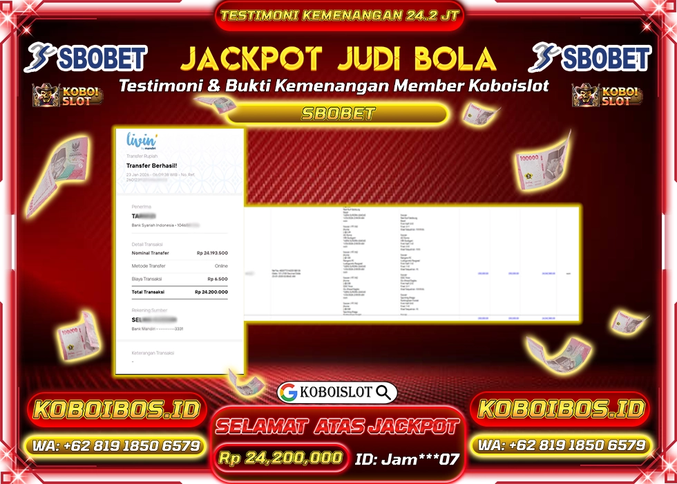 BUKTI KEMENANGAN JUDI BOLA SBOBET Rp24.200.000,- LUNAS